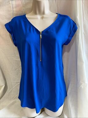 Express Women’s V-Neck Zip Front Blouse in Royal Blue